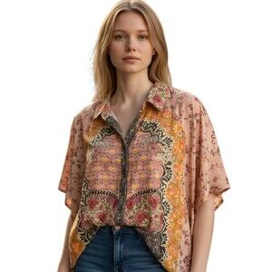 Natural Life Kelly Oversized Cotton Button Down Top One Size Boho Festival